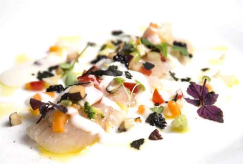Crudo di Ricciola con verdure, Grana liquido e perlage di Tartufo – Chef Fulvio Siccardi