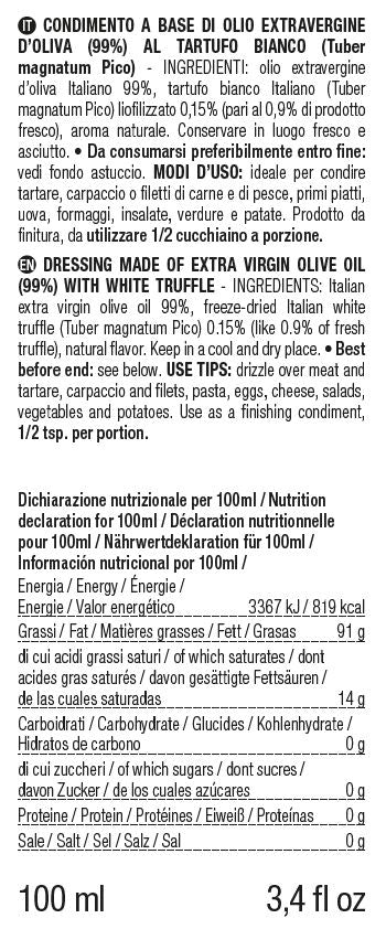 ORO IN CUCINA: Condimento a base di OLIO EXTRAV d'OLIVA con FETTINE DI TARTUFO BIANCO  (Tuber magnatum Pico)