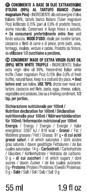 ORO IN CUCINA: Condimento a base di OLIO EXTRAV d'OLIVA con FETTINE DI TARTUFO BIANCO  (Tuber magnatum Pico)