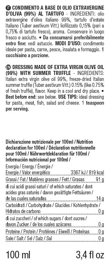 ORO IN CUCINA: Condimento a base di OLIO EXTRAV. d'OLIVA con FETTINE DI TARTUFO NERO ESTIVO (Tuber aestivum Vitt.)