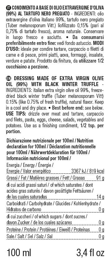 ORO IN CUCINA®: Condimento a base di OLIO EXTRAV. d'OLIVA con FETTINE DI TARTUFO NERO PREGIATO (Tuber melanosporum Vitt.)