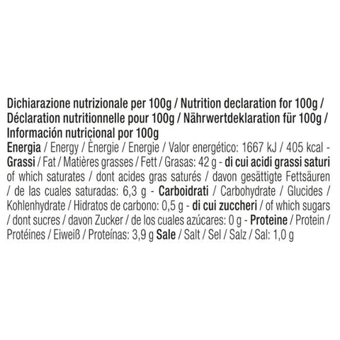 Valori nutrizionali del tartufo a fettine per 100 g: 1667 kJ/405 kcal; grassi 42 g, saturi 6,3 g; carboidrati 0,5 g, zuccheri 0 g; proteine 3,9 g; sale 1 g