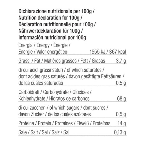 Valori nutrizionali di Tartufissima allo zafferano per 100 g: 1555 kJ/367 kcal; grassi 3,7 g, saturi 0,5 g; carboidrati 68 g, zuccheri 0,5 g; proteine 14 g; sale 0,13 g