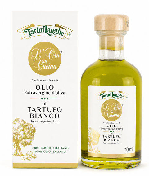 ORO IN CUCINA: Condimento a base di OLIO EXTRAV d'OLIVA con FETTINE DI TARTUFO BIANCO  (Tuber magnatum Pico)