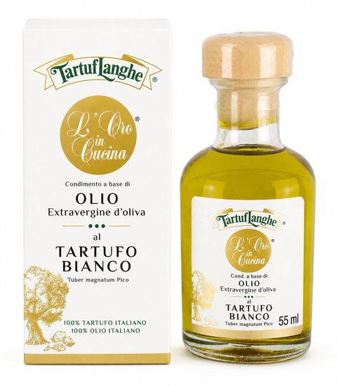 ORO IN CUCINA: Condimento a base di OLIO EXTRAV d'OLIVA con FETTINE DI TARTUFO BIANCO  (Tuber magnatum Pico)